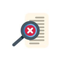 Magnifying glass detecting error in document with a cross sign vector