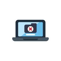 Laptop displaying empty folder icon with red cross mark, data loss concept vector
