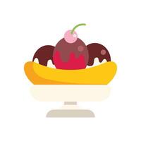 Banana split with chocolate sauce and cherry on plate icon vector