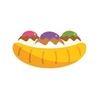 Banana split with ice cream scoops and chocolate syrup drizzle illustration vector