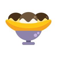Banana split resting in a glass bowl with chocolate syrup drizzled on top vector
