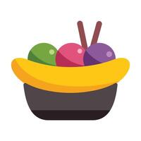 Banana split ice cream dessert with chopsticks in bowl vector