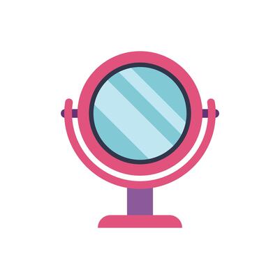 Pink makeup mirror standing on table surface reflecting light