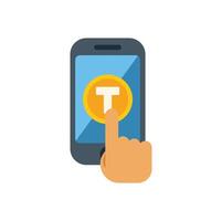 Finger touching tether cryptocurrency coin on smartphone screen vector