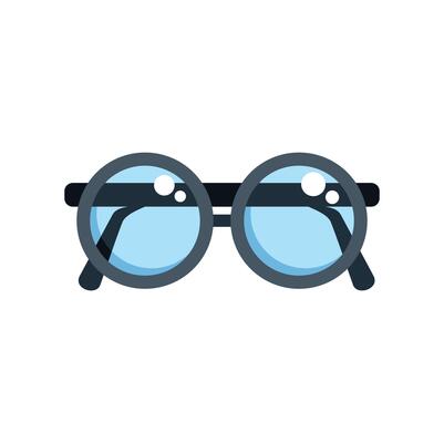 Blue glasses reflecting light on white background