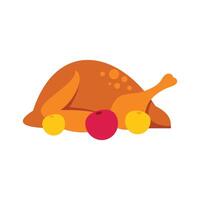 Roasted chicken lying on its side decorated with apples for thanksgiving dinner vector
