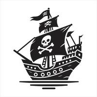 Black and White Silhouette of Pirate Ship with Skull and Crossbones Flags Sailing in The Ocean vector