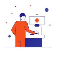 A man in an orange shirt is standing at a desk with a computer vector
