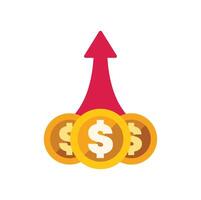 Red arrow growing from three gold coins increasing value vector