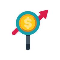 Magnifying glass focusing on increasing dollar currency value with upward arrow vector