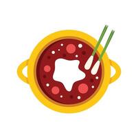 Yellow pot with handles containing steaming red soup with white topping and green onions vector