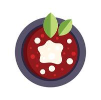 Red soup with cream and basil leaves in bowl flat icon vector