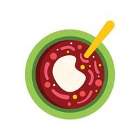 Green bowl containing red borscht with spoon resting on top vector