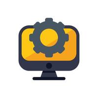 Computer showing settings with gear icon displaying setup and configuration options vector
