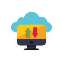 Desktop computer uploading and downloading data to the cloud storage service vector
