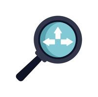 Magnifying glass showing three white arrows pointing in different directions vector
