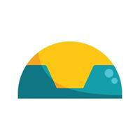 Bright yellow sun setting behind two mountains graphic illustration vector