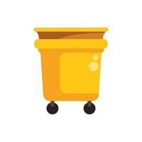 Large yellow trash can on wheels with open top lid standing upright vector