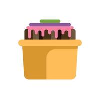 Delicious chocolate cake with pink icing dripping in yellow container vector