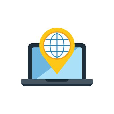 Laptop showing global location with pin icon