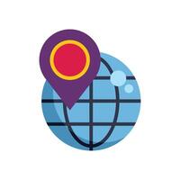 Purple location pin pointing on a world globe icon vector