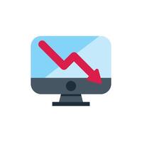 Computer monitor displaying negative trend with red arrow going down vector