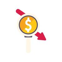 Magnifying glass showing decreasing dollar currency value with a red arrow vector