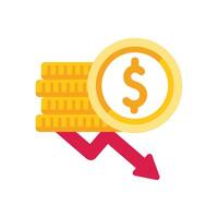 Red arrow pointing down representing financial loss with coins stack vector