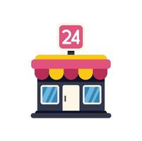 Convenience store facade with awning and 24 hours open signboard vector