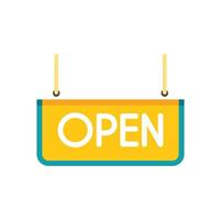 Yellow open sign hanging and announcing business hours vector