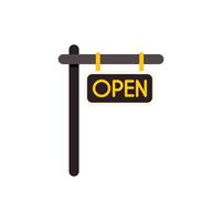 Black and yellow open sign hanging on wooden pole vector
