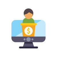 Businessman making money online standing on a podium inside a computer screen vector