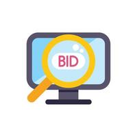 Magnifying glass focusing on bid button on computer screen vector