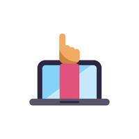 Hand coming out from laptop screen pointing up with index finger vector