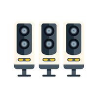 Three tall audio speakers standing on stands playing music vector