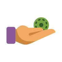 Hand holding green virus cell bacteria icon flat style vector