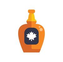 Glass bottle containing sweet maple syrup with label featuring white maple leaf vector