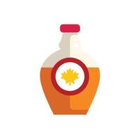 Glass bottle containing sweet maple syrup with red label featuring maple leaf icon vector