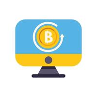 Computer showing bitcoin cryptocurrency rotating with up arrow on screen vector