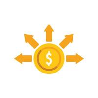 Arrows pointing outward from golden coin with dollar sign representing investment diversification strategy vector