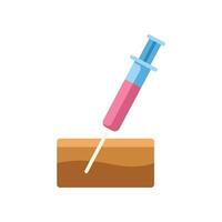 Pink syringe injecting brown substance in flat design style vector