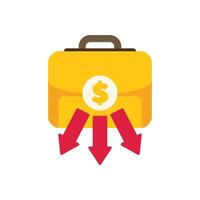 Money briefcase with three red arrows pointing down illustrating loss of investment vector