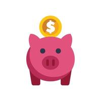 Pink piggy bank holding golden dollar coin saving money vector