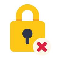 Yellow padlock being unlocked showing access denied with a cross symbol vector