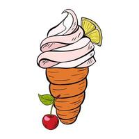 A mouthwatering and delicious Ice Cream Cone topped with a Cherry and a slice of Lemon. vector