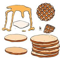 Set of Pancakes and Waffles, topped with Syrup and Butter, ideal for breakfast or brunch. vector