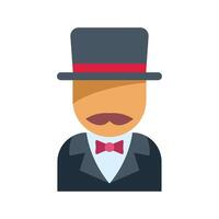 Magician wearing suit and top hat with red ribbon smiling flat style icon design vector