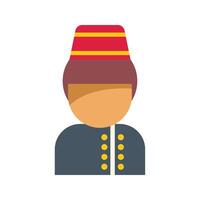 Hotel bellboy wearing red uniform hat standing with buttons on his jacket flat icon design vector