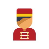 Hotel bellboy character wearing red uniform with golden buttons and hat is smiling and greeting guests in a hotel lobby vector