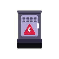 Grey outdoor electrical cabinet with high voltage sign showing through a red triangle on its door vector